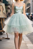Niulatu Spaghetti Strap A-Line Mint Green Tulle Short Homecoming Dresses HZ1031
