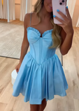 Niulatu A-Line Blue Spaghetti Strap Birthday Outfit Short Homecoming Dresses HZ1031