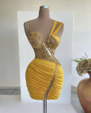 Niulatu Asymmetric Bodycon Yellow Satin Beaded Short Homecoming Dresses Outdoor Party Outfit HZ1031