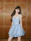Niulatu Blue A-Line Spaghetti Straps Tulle Short Homecoming Dresses Sweet 16 Dresses HZ1031