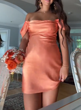 Niulatu Orange Off Shoulder Sheath Satin Short Homecoming Dresses Party Dress HZ1031