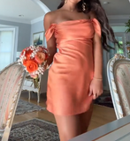 Niulatu Orange Off Shoulder Sheath Satin Short Homecoming Dresses Party Dress HZ1031