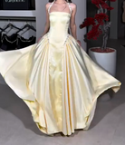 Niulatu A-Line Halter Butter Yellow Satin Long Prom Dresses Birthday Party Outfits HZ1031