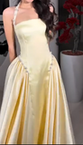 Niulatu A-Line Halter Butter Yellow Satin Long Prom Dresses Birthday Party Outfits HZ1031
