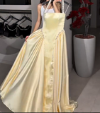 Niulatu A-Line Halter Butter Yellow Satin Long Prom Dresses Birthday Party Outfits HZ1031