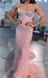 Niulatu Pink Spaghetti Strap Sheath Tulle Long Prom Dresses Sparkly Rhinestone Formal Dresses HZ1031