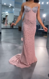 Niulatu Pink Spaghetti Strap Sheath Tulle Long Prom Dresses Sparkly Rhinestone Formal Dresses HZ1031