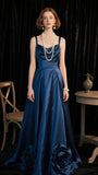 Niulatu Blue Spaghetti Strap A-Line Stunning Prom Dresses Satin Elegant Formal Dresses HZ1031