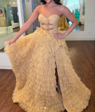 Niulatu Sweetheart Gold A-Line Tulle Glitter Long Prom Dresses Slit Quinceanera Dresses HZ1031