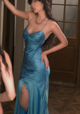 Niulatu Mermaid Long Elegant Prom Dresses Spaghetti Strap Satin Formal Dresses HZ1031