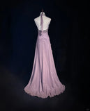 Niulatu V-neck A-Line Chiffon Tulle Long Prom Dresses Gray Purple Vintage Evening Gowns HZ1031