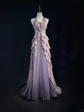 Niulatu V-neck A-Line Chiffon Tulle Long Prom Dresses Gray Purple Vintage Evening Gowns HZ1031