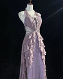 Niulatu V-neck A-Line Chiffon Tulle Long Prom Dresses Gray Purple Vintage Evening Gowns HZ1031