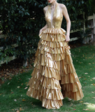 Niulatu Gold A-Line Halter Long Prom Dresses Sparkly Backless Silt Graduation Dress HZ1031
