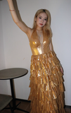 Niulatu Gold A-Line Halter Long Prom Dresses Sparkly Backless Silt Graduation Dress HZ1031
