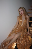 Niulatu Gold A-Line Halter Long Prom Dresses Sparkly Backless Silt Graduation Dress HZ1031