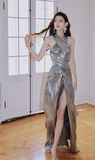 Niulatu Orange Sheath Halter Birthday Prom Dresses Slit Long Formal Dresses HZ1031