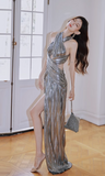 Niulatu Orange Sheath Halter Birthday Prom Dresses Slit Long Formal Dresses HZ1031