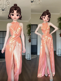 Niulatu Orange Sheath Halter Birthday Prom Dresses Slit Long Formal Dresses HZ1031