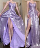 Niulatu Purple A-Line Long Prom Dresses Spaghetti Straps Slit Formal Dress HZ1031