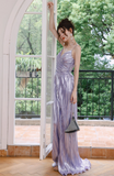 Niulatu Purple A-Line Long Prom Dresses Spaghetti Straps Slit Formal Dress HZ1031