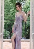Niulatu Purple A-Line Long Prom Dresses Spaghetti Straps Slit Formal Dress HZ1031