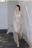Niulatu V-neck A-Line Pleated Long Evening Gowns Elegant Birthday Prom Dresses HZ1031