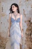 Niulatu Blue Sheath Beaded Tassel Formal Dress Sparkly Sweetheart Long Prom Dresses HZ1031