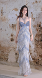 Niulatu Blue Sheath Beaded Tassel Formal Dress Sparkly Sweetheart Long Prom Dresses HZ1031