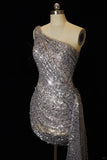 Niulatu Silver Bodycon One Shoulder Short Formal Dresses Sequin Birthday Outfits HZ1031