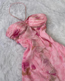 Niulatu Pink Halter Sheath Birthday Outfit Printed Chiffon Retro Party Dress Formal Dress HZ1031