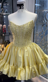 Niulatu Yellow Strapless A-Line Short Homecoming Dress Beaded Satin Sweet Birthday Outfit HZ1031
