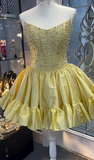Niulatu Yellow Strapless A-Line Short Homecoming Dress Beaded Satin Sweet Birthday Outfit HZ1031
