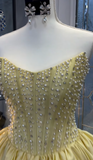Niulatu Yellow Strapless A-Line Short Homecoming Dress Beaded Satin Sweet Birthday Outfit HZ1031