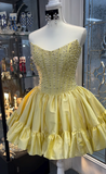 Niulatu Yellow Strapless A-Line Short Homecoming Dress Beaded Satin Sweet Birthday Outfit HZ1031