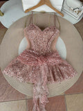 Niulatu Pink Spaghetti Strap 16th Birthday Dress Glitter Sequin A-Line Homecoming Dresses HZ1031