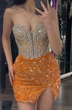 Niulatu Sweetheart Bodycon Short Formal Dresses Orange Sequin Prom Dresses Rhinestone Homecoming Dresses HZ1031
