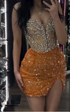 Niulatu Sweetheart Bodycon Short Formal Dresses Orange Sequin Prom Dresses Rhinestone Homecoming Dresses HZ1031