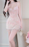 Niulatu Spaghetti Straps Pink Sheath Short Birthday Dress Beaded Tassel Homecoming Dress HZ1031