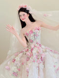 Niulatu White Strapless 3D Rose Tulle Wedding Dress Long Ball Gowns Gorgeous Bridal Dress Quinceanera Dress HZ1031