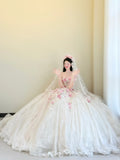 Niulatu White Strapless 3D Rose Tulle Wedding Dress Long Ball Gowns Gorgeous Bridal Dress Quinceanera Dress HZ1031