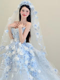 Niulatu Light Blue Strapless Long Ball Gowns Tulle Applique Wedding Dress Fairytale Bridal Dress Quincea?era Dress HZ1031