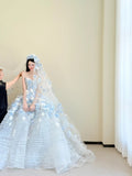 Niulatu Light Blue Strapless Long Ball Gowns Tulle Applique Wedding Dress Fairytale Bridal Dress Quincea?era Dress HZ1031