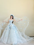 Niulatu Light Blue Strapless Long Ball Gowns Tulle Applique Wedding Dress Fairytale Bridal Dress Quincea?era Dress HZ1031