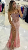 Niulatu Pink Sweetheart Sheath Evening Gowns Sparkly Sequin Slit Prom Dresses Wedding Guest Dress HZ1031