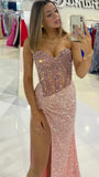 Niulatu Pink Sweetheart Sheath Evening Gowns Sparkly Sequin Slit Prom Dresses Wedding Guest Dress HZ1031