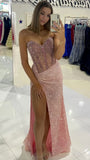 Niulatu Pink Sweetheart Sheath Evening Gowns Sparkly Sequin Slit Prom Dresses Wedding Guest Dress HZ1031