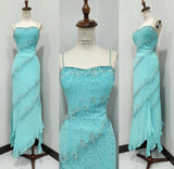 Niulatu Sky Blue Formal Dress Spaghetti Straps Sheath Long Evening Gowns Glitter Elegant Beaded Prom Dresses HZ1031