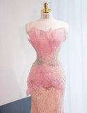 Niulatu Pink Mermaid Formal Dress Tulle Sequins Sweet 16 Dress Strapless Prom Dress with Rhinestones HZ1031