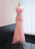 Niulatu Pink Mermaid Formal Dress Tulle Sequins Sweet 16 Dress Strapless Prom Dress with Rhinestones HZ1031